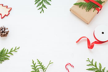 holiday, flat lay, table, ornaments, gifts, presents, christmas, plants, celebration, joy, ribbon