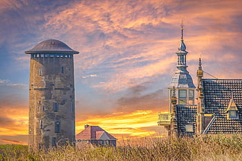 landsby, solnedgang, silo, arkitektur, bygning, landskab, aftenhimmel, natur, skumring, tusmørke