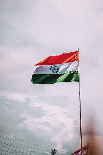 Indian flag, national flag, cloudy sky, pride, patriotism, flying high, Indian national flag, flag pole, sky backdrop, tricolor flag, Ashoka Chakra