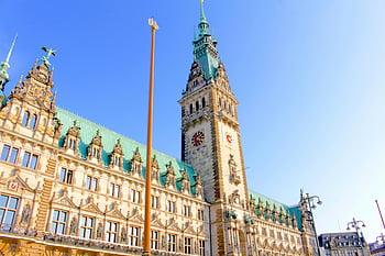 radnice města hamburg, hodinová věž, Architektonický pohled, jasné modré nebe, Hamburg, radnice, hodiny, architektura, modrá obloha, budova, Německo