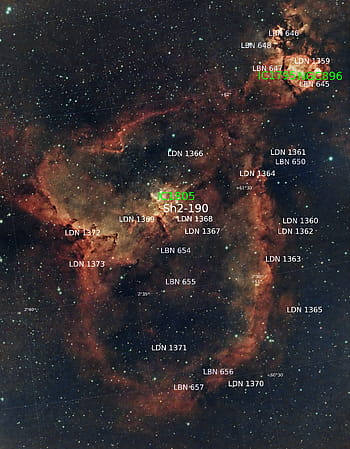 Heart Nebula, annotated image, space photography, IC 1805, Sh2-190, star clusters, cosmic clouds, astronomical objects, deep space, celestial bodies, galaxy clusters