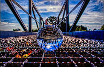 glass Sphere, glass, bullet, reflection, round, spherical Image, bridge, grid, transparent, glass Ball Photo