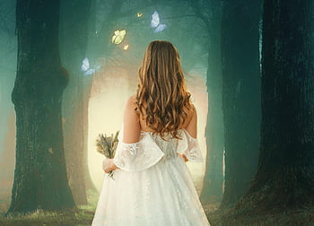 woman, flowers, butterflies, trees, flower Background, nature, flower Wallpaper, back, blonde, long Hair, white Dress