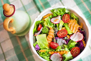 salad, close-up, colorful salad, fresh vegetables, cherry tomatoes, white bowl, lettuce, radishes, carrot sticks, healthy food, plaid tablecloth