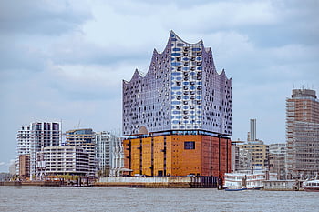 přístav, koncertní sál, město, Hamburg, tapeta na zeď, architektura, architektonický design, vyhlídková plošina, modrá fasáda, hd tapetu, modrá budova