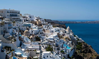 Θήρα, κτίρια με λευκά πλυμένα, Αιγαίο Πέλαγος, λευκή δομή σκυροδέματος, ελληνικά νησιά, ΓΑΛΑΖΙΑ ΘΑΛΑΣΣΑ, παράκτια αρχιτεκτονική, oia, Ελλάδα, μεσογειακός, ταξιδιωτικός προορισμός
