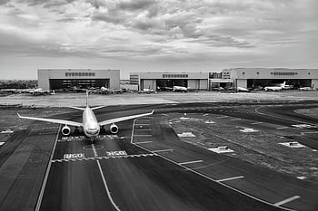 gray scale, airplane, runway, cloudy day, monochrome, aircraft, hangars, Evergreen Airport, black and white, aviation, airport scene