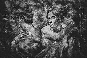black and white painting, abstract art, classical figures, textured paint style, women painting, monochrome art, figurative art, artistic depiction, female figures, monochromatic artwork, classical women