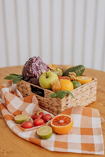 fresh fruits, woven basket, checkered cloth, colorful fruits, organic produce, variety of fruits, fresh vegetables, checkered tablecloth, woven basket fruits, fresh produce, checkered cloth fruits
