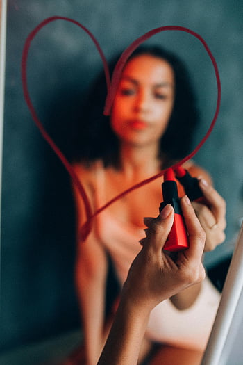 woman, red lipstick, drawing heart, mirror reflection, beauty, makeup, love, romance, self-expression, artistic, cosmetics