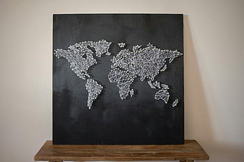mapa mundial, arte de corda, artesanal, quadro-negro, exibição interna, cordas brancas, Arte global, Mapa decorativo, arte de parede, design de string, Decoração Interior