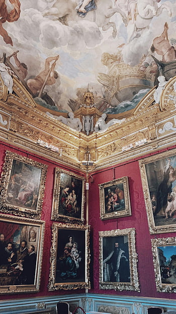 Barok loft, rige malerier, klassisk italiensk kunstgalleri, imponerende barok, italiensk kunst, kunstgalleri, loft malerier, Barok kunst, Klassiske malerier, gallerimalerier, røde vægge