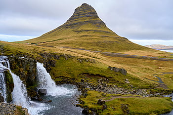Church Mountain, Kirkjufell mountain, cascading waterfalls, Iceland landscape, scenic view, Iceland nature, mountain view, waterfalls in Iceland, stunning landscape, Iceland travel, natural beauty