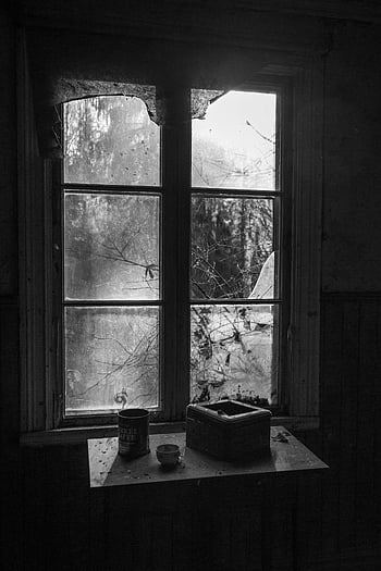 abandoned house, dusty window, haunting view, mystery, broken glass, old house, decay, desolate, interior, black and white, abandoned building
