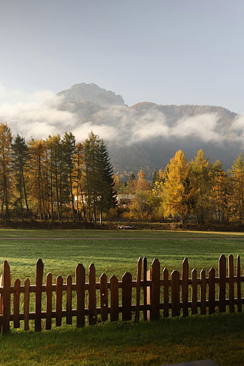 Dolomites, autumn, Italy, misty mountains, vibrant foliage, scenic view, fall landscape, mountain range, colorful trees, rural scene, wooden fence