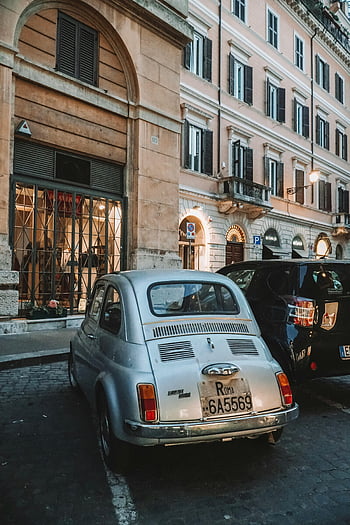 Fiat 500, vintage car, cobblestone street, Rome, Italy, historic architecture, parked car, Italian street, classic car, European city, urban scene