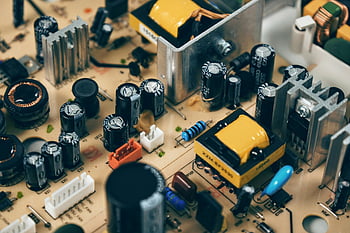 áramköri, kondenzátorok, ellenállások, fekete tranzisztor, modern technológia, részletes lövés, Elektromos alkatrészek, közelkép, technológia, elektronika, hardver