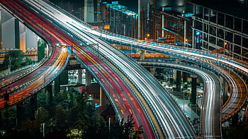 Urban Highway, večerní provoz, světlé stezky, moderní město, infrastruktura, noční scénu, Osvětlené silnice, pohyb vozidla, panoráma města, výměnu, noční fotografie