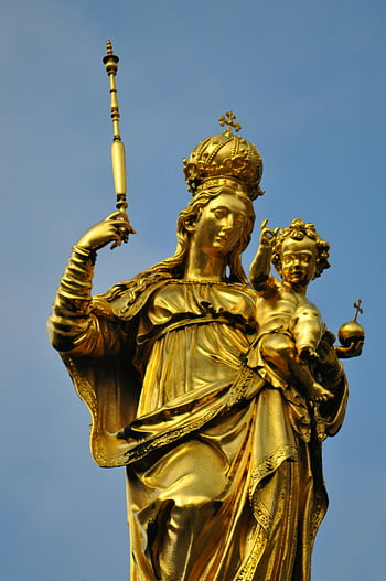 Szűz Mária, marienplatz, München, Németország, ikonikus szobor, vallási szobor, arany figura, mary szobor, kis Jézus, Arany szobor