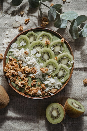 kiwi, ořechy, krém, miska, Zdravá mísa, plátky kiwi, granola, kokosový ořech, texturou pozadí, pohled shora, lichotník mísa