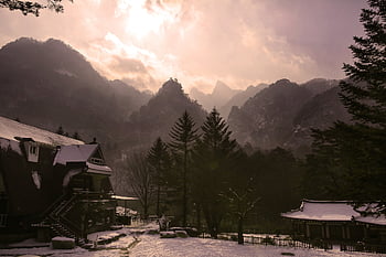 ソラーク山、 風景、 自然、 山、 岩、 江原道、 韓国、 雲、 空、 谷、 観光