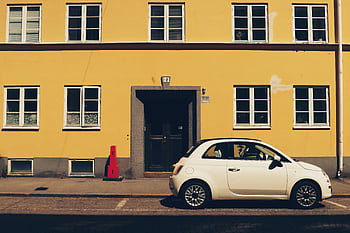 FIAT 500, parked, yellow building, Jönköping street, Sweden, white car, urban scene, street parking, compact car, European architecture, cityscape