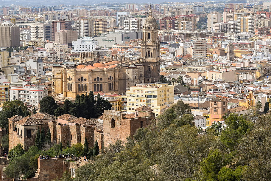 malaga, Espagne, cathédrale, église, architecture, l'horizon, immeubles
