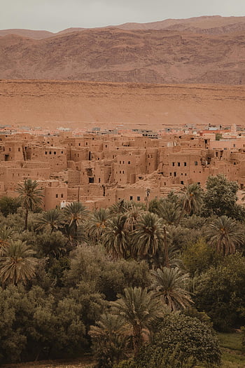 Kasbah Ait Ben Haddou, Morocco, aerial view, historic site, desert, palm trees, mountains, traditional architecture, North Africa, travel destination, UNESCO site