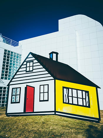 White Red and Black House, cartoon-style house, sculpture, modern building facade, sunny day, outdoor art, colorful house, urban art, architectural contrast, contemporary art, public art installation