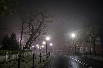 夜の街、 路地、 街路灯、 霧の夜、 ルブリン、 都会の気分、 穏やかな、 魅惑的な、 霧の雰囲気、 ストリートシーン