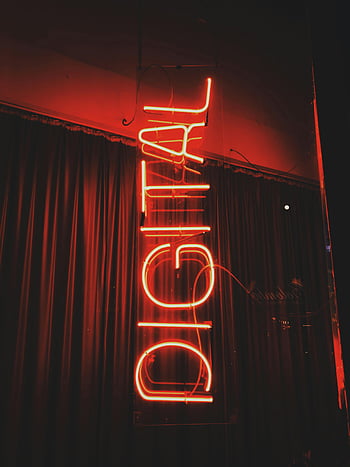 Neonlicht, leuchtend rotes Neon, digitaler Text, Glühendes Zeichen, Vorhang Hintergrund, Urban Nachtszene, Neonschild, roter Neon, digitales Neon, Nachtszene, städtischen Umfeld