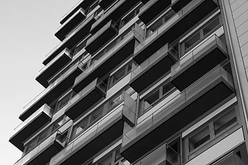 budova, mrakodrap, fasáda, architektura, Dům, perspektivní, balkony, město, černobílý
