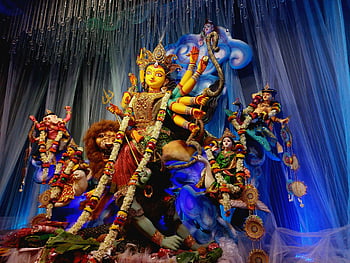 Hindu Tanrıça Durga, Durga Puja, kolkata, Hindistan, canlı tasvir, heykel, Festival, dini sanat, kültürel kutlama, geleneksel sanat, aslan montajı