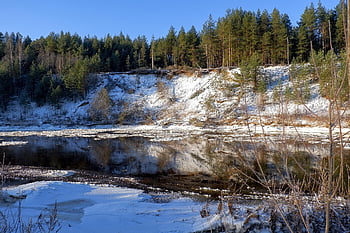 river, nature, winter, freeze-up, seasonal, outdoors, snow, wilderness, woods, forest