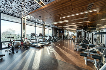 Moderní fitness klub, posilovna, běžecké pásy, cvičební kola, závaží, přirozené osvětlení, Prostorná tělocvična, Moderní tělocvična, fitness stroje, interiér tělocvičny, dřevěné podlahy