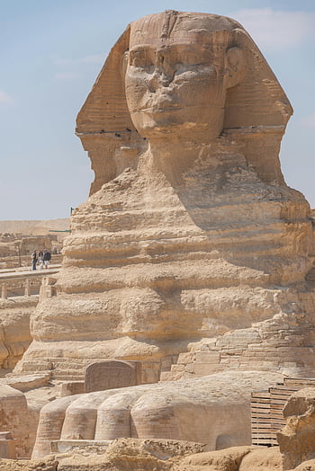 Starověká Sfinga, poušť, Gíza, Egypt, Ikonická Sfinga, socha, jasné modré nebe, historická památka, starověký Egypt, mezník, cestovní ruch