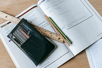 textbook, pens, ruler, study desk, organized, stationery, academic success, table, school supplies, learning materials, education tools