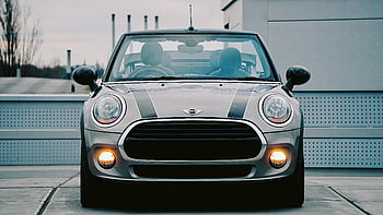 mini cooper, konvertibilní, elegantní, Šedá, zapnuté světlomety, zaparkované venku, auto, vozidlo, automobilového průmyslu, vnější, design
