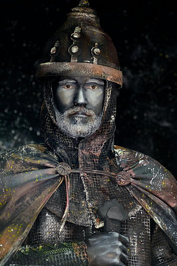knight statue, weathered knight, historical essence, black and brown hat, intricate close-up, medieval armor, knight portrait, historical figure, knight helmet, detailed statue, knight costume