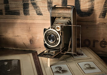 vintage camera, Zeiss Ikon, antique photo album, black camera, brown surface, classic camera, nostalgia, vintage photography, antique camera, photo album, vintage Zeiss Ikon