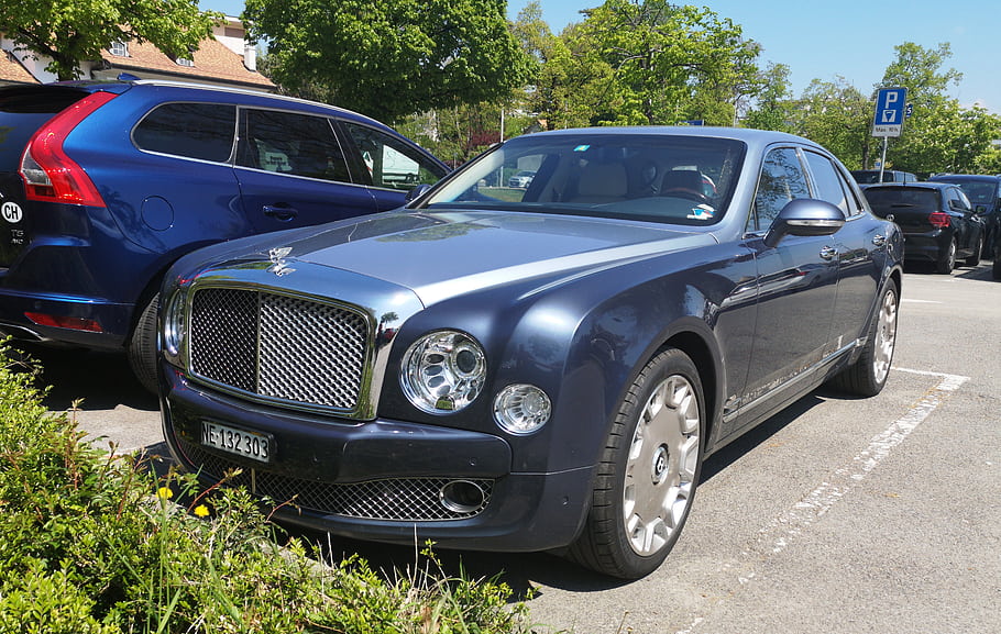 bentley, mulsanne, auto, luxus, vozidlo, parkoviště, ráno, švýcarsko, modrý, sedan, venku