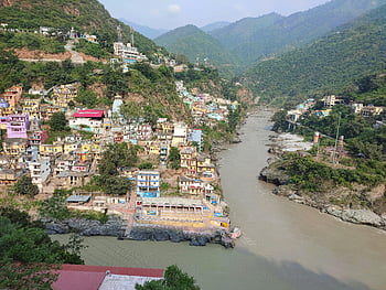 devprayag, Утаракханд, Индия, изглед от въздуха, Река Алакнанда, Река Бхагирати, град, планини, Речно сливане, живописна гледка, Хималаи
