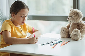 dítě, domácí práce, teddy, medvěd, lavice, osoba, studie, studovat, vzdělání, třída, škola