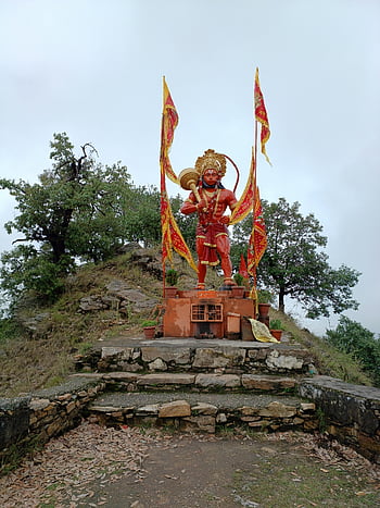 hanuman heykeli, tepenin, Uttarakhand, Hindistan, bayraklar, doğa, dış mekan, dini anıt, hanuman, Tepe, peyzaj