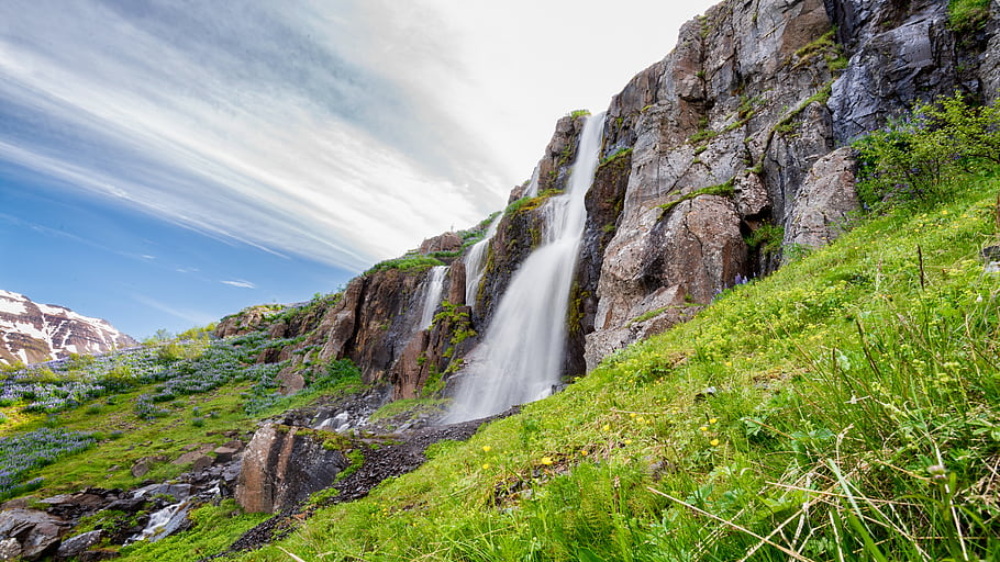 waterfall, Iceland, Seydisfjordur, hills, 2018, cruise, d750, nature, landscape, flowers