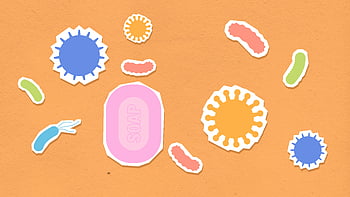 viruses, orange background, soap, hygiene, vibrant illustration, animated viruses, bacteria, cleanliness, health, microorganisms, germs