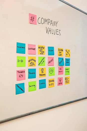 note adesive, lavagna, Valori dell'azienda, lavoro di squadra, innovazione, Note appiccicose colorate, cultura aziendale, diversità, risposta, trasparenza, Divario retributivo di genere