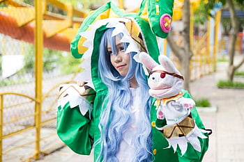cosplay, green costume, adult woman, detailed costume, festival, outdoors, puppet, character costume, cosplay festival, outdoor event, costume play