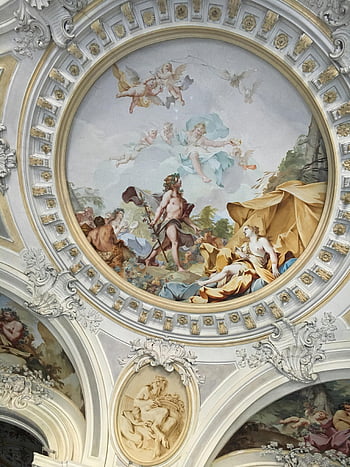 pittura rinascimentale, affresco del soffitto, Scena mitologica, decorazioni decorate, colpo basso angolo, Rinascimento arte, soffitto art, pittura storica, arte classica, soffitto decorativo, ART ARSCO
