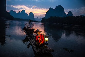 fisherman, dawn, li River, sunset, landscape, mountains, yangshuo China, river, light, cormorant Fisherman